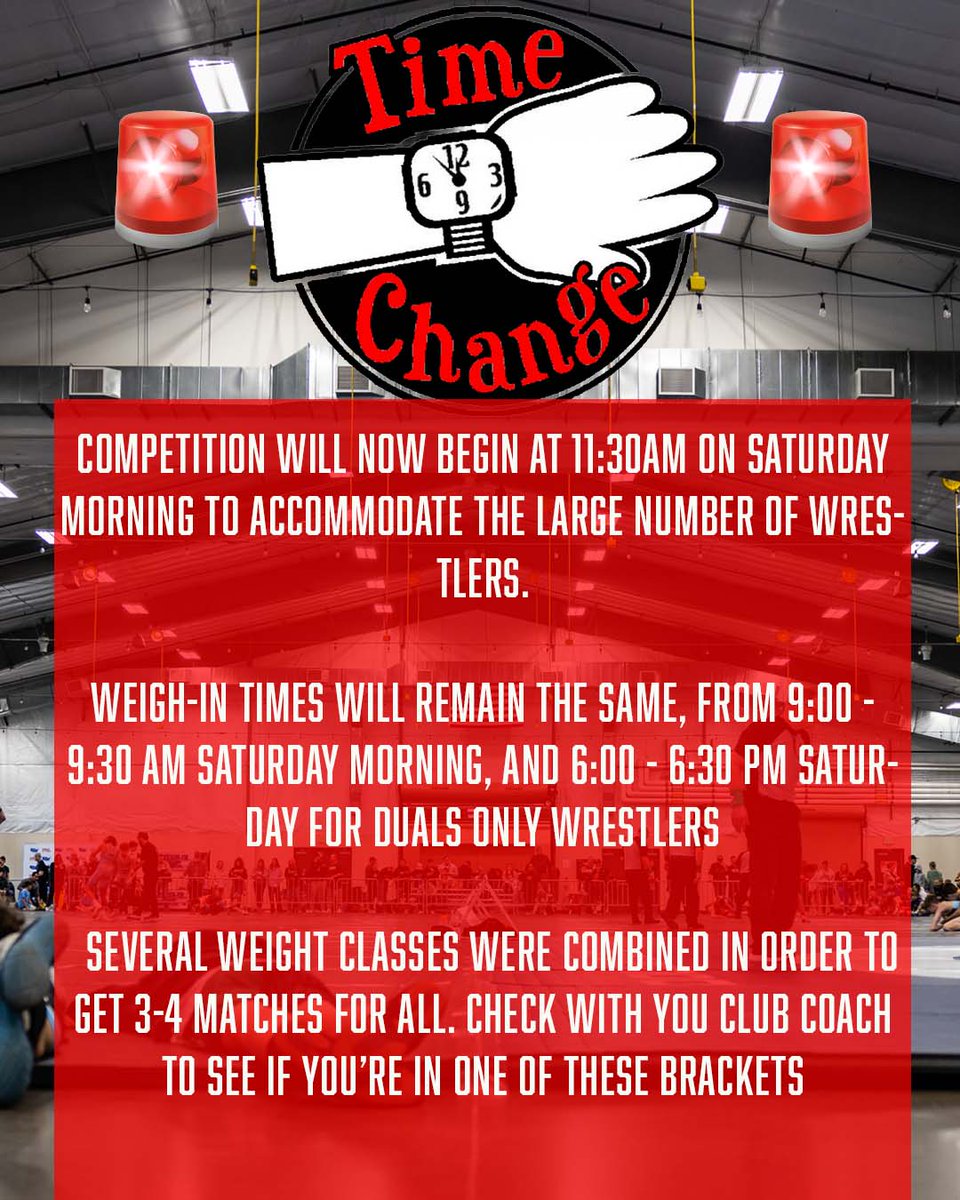 🚨 Tournament Updates 🚨

✅ Matches now start 11:30AM Saturday (½ hr earlier for big turnout!)

✅ Weigh-ins same: 9-9:30AM Sat (all); 6-6:30PM Sat (duals only)

✅ Need table workers? Reach out!

✅ Some weights combined for 3-4 matches. 
Let's go!