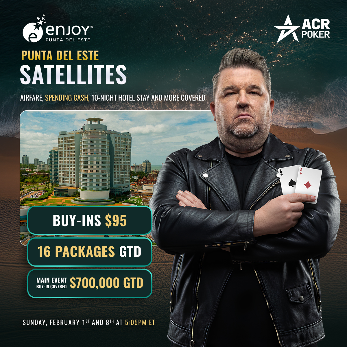 🌴🎉 Poker Vacation Alert – Punta del Este, Uruguay 🎉🌴

🎁 Giveaway: 5 Mega Satellite Tickets🎟️ 

This Sunday, Feb 1st, join our mega satellite for an unforgettable poker getaway.

8 packages guaranteed, including:
✈️ Flight
🏨 Hotel
💰 Spending cash
🎟️ Punta del Este Main