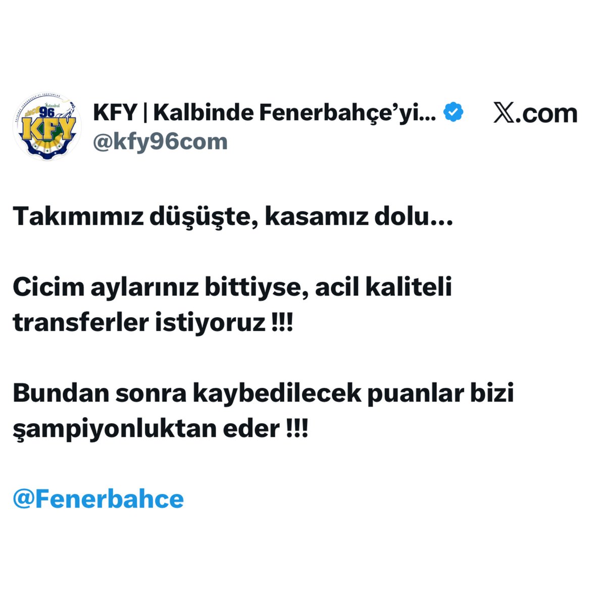 Fenerbahçenin yakasından düşün. Yönetim geldiğinden beri koşturuyor, kupasını aldı her türlü zorluğa rağmen ayakta. Siz ise beşiktaş maçında 50 tane bilet için halen trip atan ergenler gibi kulübü hedef haline getiriyorsunuz. Yorum gizlemeyi bırakın da grubu genişletin. <a href="/kfy96com/">KFY | Kalbinde Fenerbahçe’yi Yaşatanlar</a>