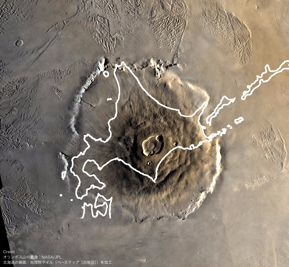 Astropics_bb's tweet photo. 太陽系最大の火山ともいわれる、火星のオリンポス山の大きさを北海道と比べてみました。オリンポス山の裾野の直径は600km以上あり、北海道がほぼ丸ごと入ってしまいます。

※大きさの比較は厳密に正確なわけではなく、だいたいこんな感じと思ってください。

Credit
オリンポス山の画像：NASA/JPL
北海道の線画：地理院タイル（ベースマップ［白地図］）を加工

オリンポス山の画像については記事をご覧ください。
https://t.co/zUF5FSAwOV