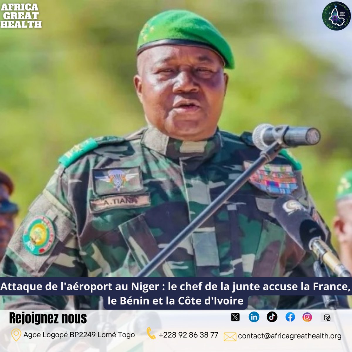 AfroGreatHealth's tweet photo. Face aux tentatives de déstabilisation à l'aéroport de Niamey, le Niger reste debout. Le Général Tiani dénonce le parrainage étranger et salue le professionnalisme des forces de défense.
#labari #aes #niger #afrique #africagreathealth https://t.co/2bPbGN1Qyn