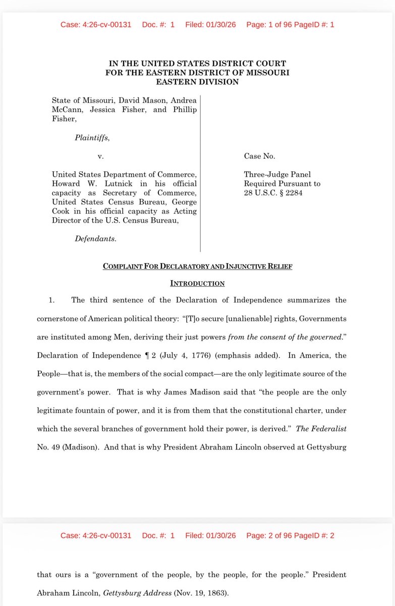 rationallypod's tweet photo. BREAKING: Missouri just filed a lawsuit arguing that the Census must exclude aliens illegally or temporarily in the U.S. and count only those legally domiciled. Huge implications for 2030 apportionment. The rationally BASED podcast will break it down on our next episode. 1/ https://t.co/LeInKmxfiP
