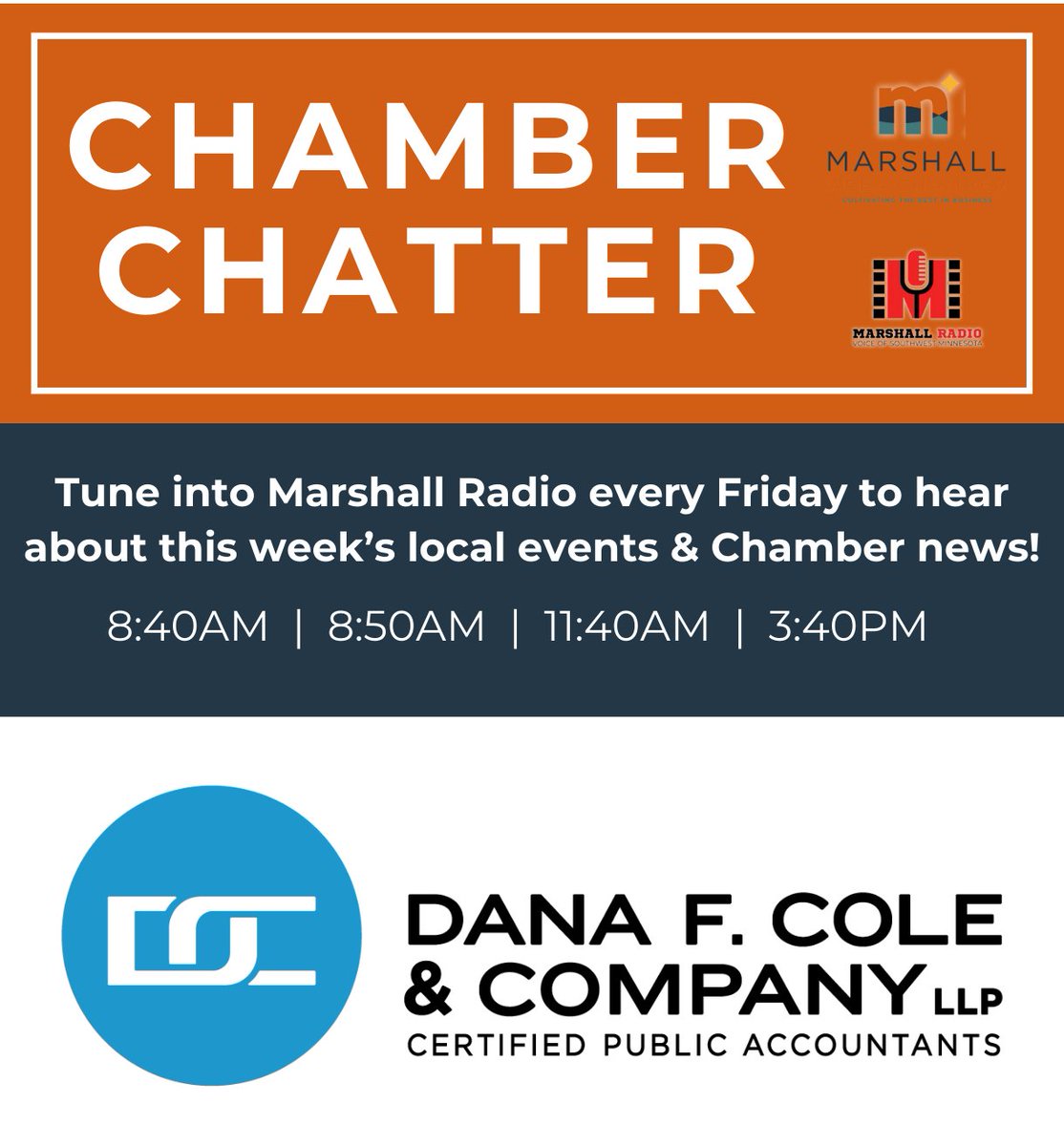 ChamberMarshall's tweet photo. 👉Tune into Chamber Chatter now to hear all about Dana F. Cole &amp; Company, LLP + upcoming local events happening near YOU! >>> https://t.co/NAGKSXeSOA

#ChamberChatter #TuneIn #Events #Radio #MemberFeature // @Marshall_Radio https://t.co/Wg9l4n9GmE