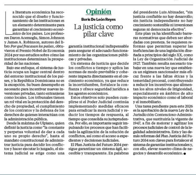 Les comparto mi artículo “La justicia como pilar clave” publicado hoy en <a href="/DiarioLibre/">Diario Libre</a> . Abordamos el lugar central que ocupa el sistema de justicia dentro del entorno institucional de los países y retos para #RD. diariolibre.com/amp/opinion/ag…
#Justicia
#Institucionalidad 
#ANJE