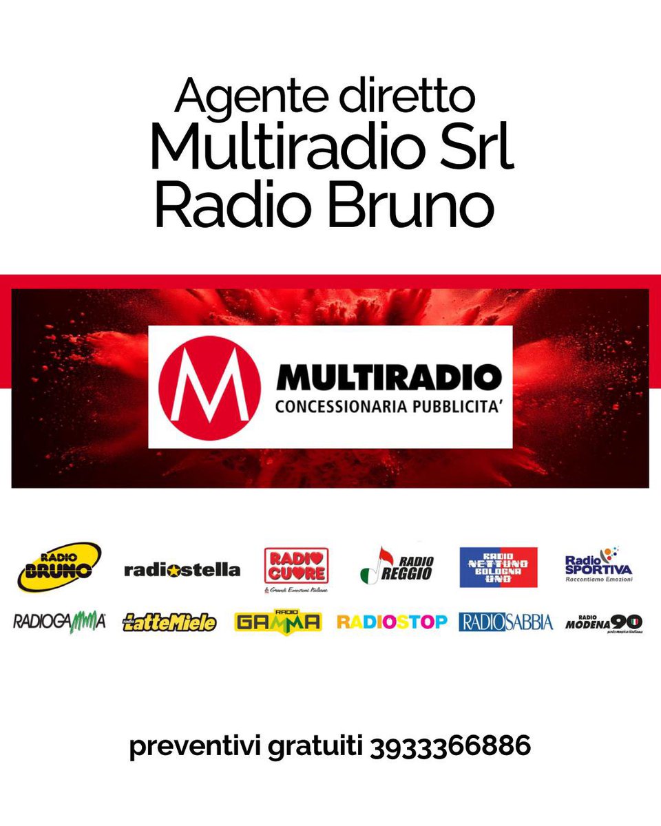 Agente diretto MULTIRADIO SRL - RADIO BRUNO
preventivi gratuiti: +39 393 33 66 886
.
Multiradio è la concessionaria esclusiva per la pubblicità di emittenti radio, televisione, stampa e new media dell’Emilia Romagna, Toscana, Lombardia e Piemonte.