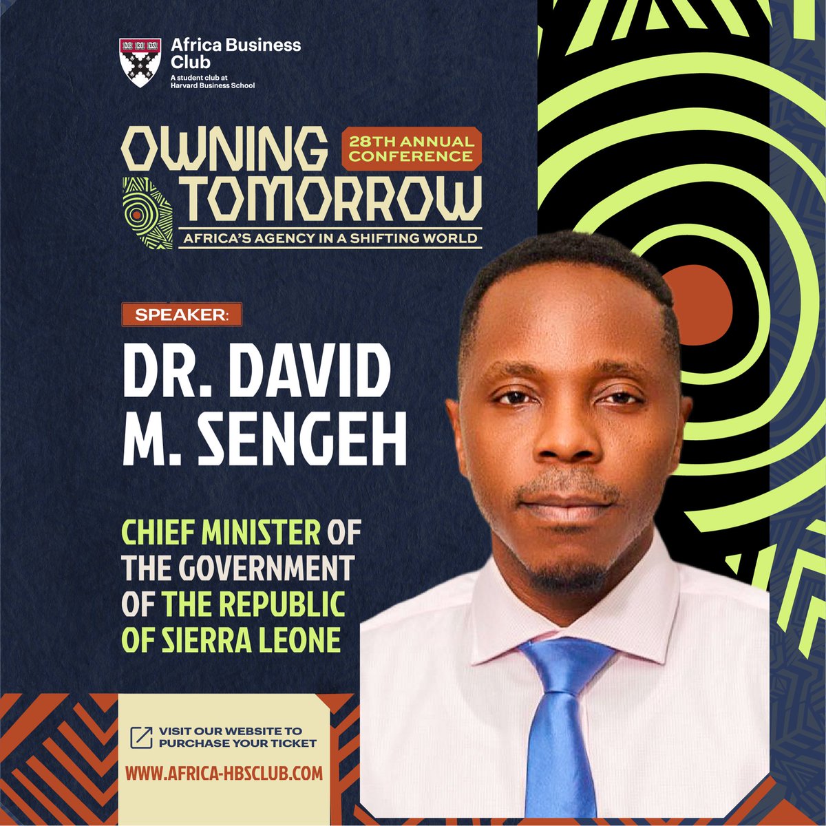 We’re excited to welcome David Moinina Sengeh, Chief Minister of Sierra Leone, to the 28th Annual Africa Business Conference at HBS.

Join the conversation on innovation, governance &amp; what it means to own tomorrow in Africa.

🎟 africa-hbsclub.com