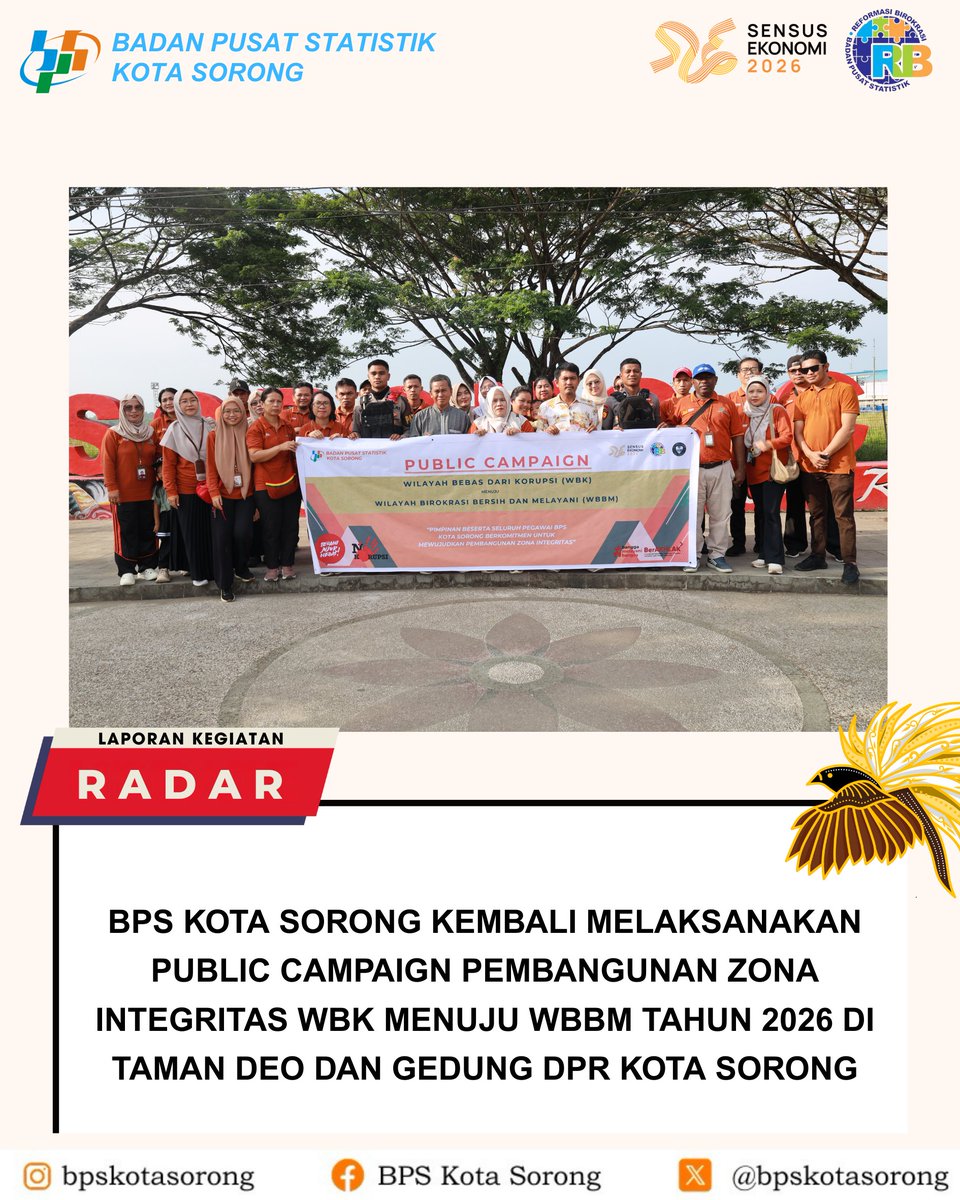 bpskotasorong's tweet photo. Halo #SahabatData Lemwobok,
Sorong-(30/01) BPS Kota Sorong kembali melaksanakan Public Campaign Pembangunan Zona Integritas menuju Wilayah Bebas dari Korupsi (WBK) dan Wilayah Birokrasi Bersih dan Melayani (WBBM) Tahun 2026. https://t.co/RdRmOIdYiE