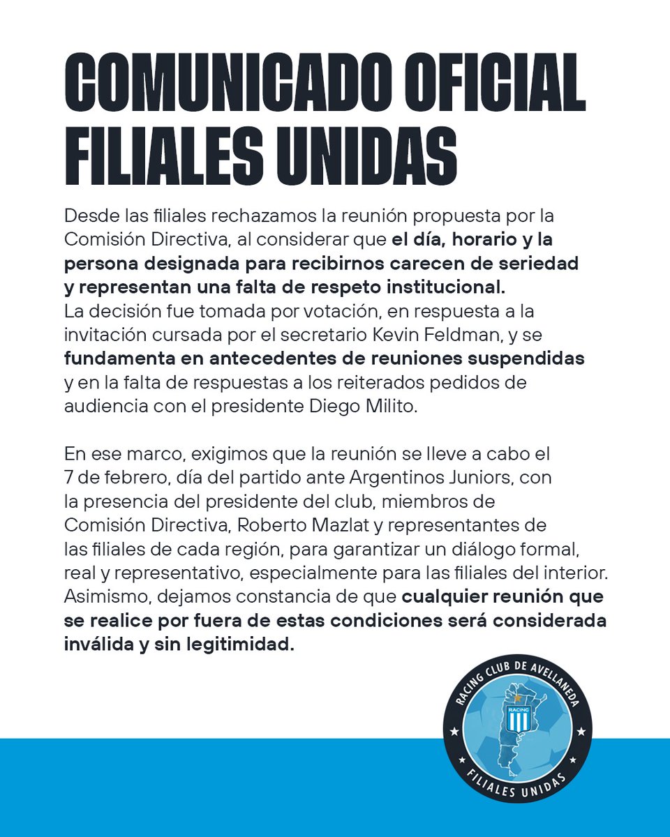Comunicado de las filiales de #Racing en respuesta a la invitación del club para reunirse 👇