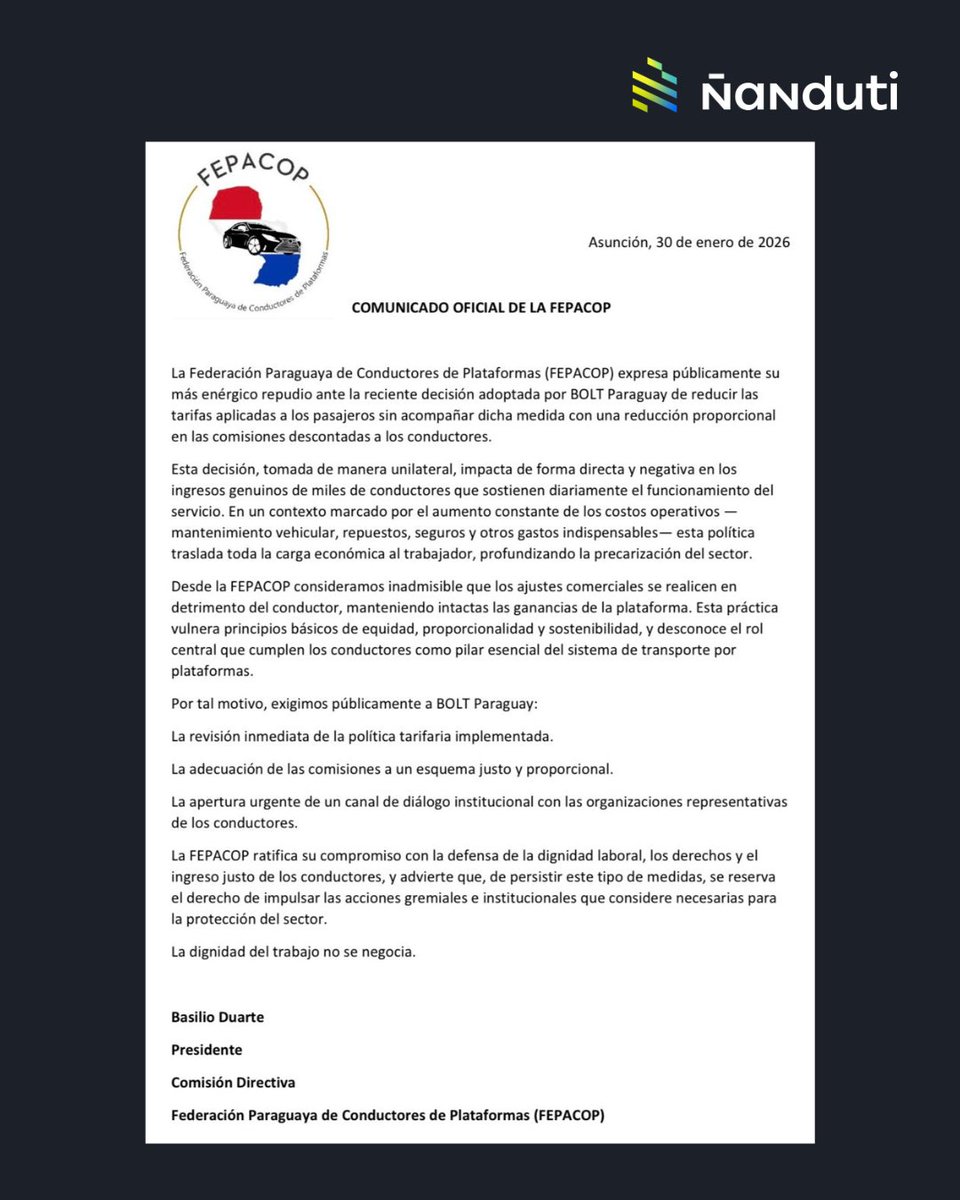 nanduti's tweet photo. La Federación Paraguaya de Conductores de Plataformas (FEPACOP) expresó repudio a la decisión adoptada por Bolt Paraguay de reducir las tarifas aplicadas a los pasajeros sin acompañar dicha medida con una reducción proporcional en las comisiones descontadas a los conductores.

En un comunicado oficial difundido este jueves, la organización gremial calificó la medida como unilateral y sostuvo que impacta de forma directa y negativa en los ingresos genuinos de miles de conductores que sostienen diariamente el funcionamiento del servicio.

#Ñanduti