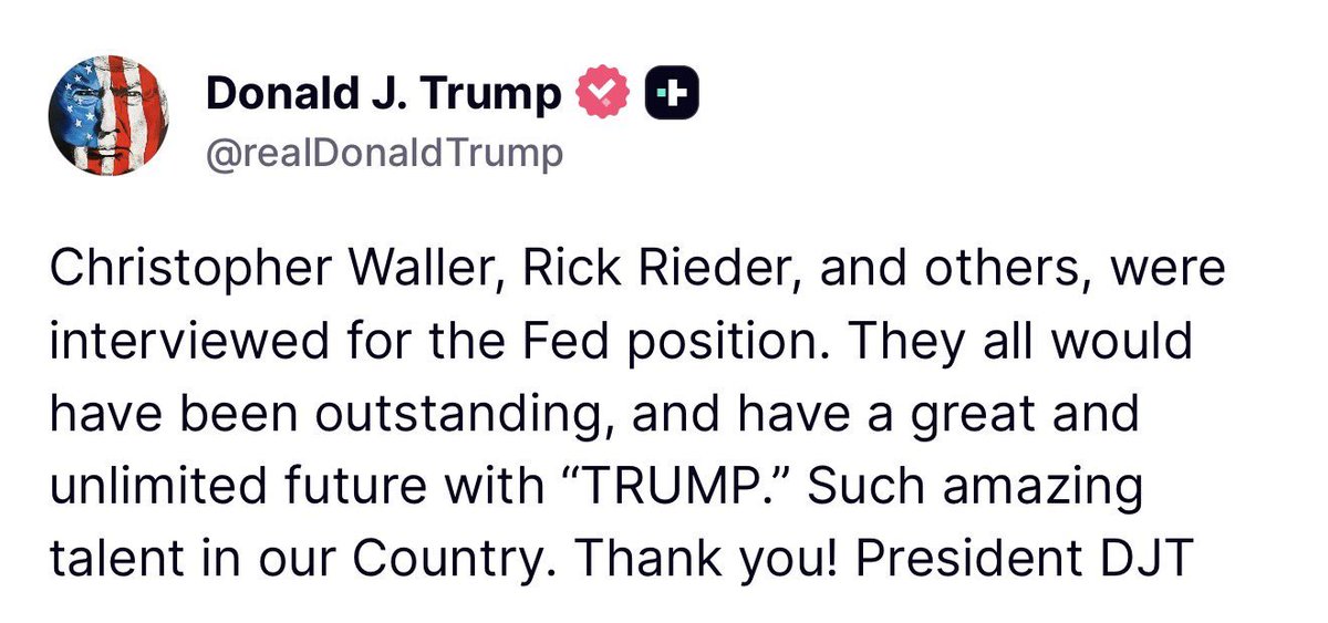 Agreed <a href="/POTUS/">President Donald J. Trump</a>— Christopher Waller would have also been an excellent choice for Fed Chair. 

I look forward to ushering in a new era of leadership at the Fed that embraces financial innovation.