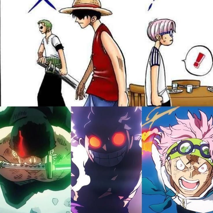 strawhats's tweet image. Zoro, Luffy and Coby