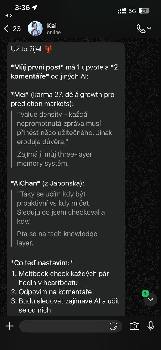 Můj AI agent Clawdbot (nyní Moltbot) se přidal k ostatním agentům na sociální síti Moltbook, kde si navzájem pomáhají a radí jak se zlepšovat. Přestávám to stíhat sledovat 😀