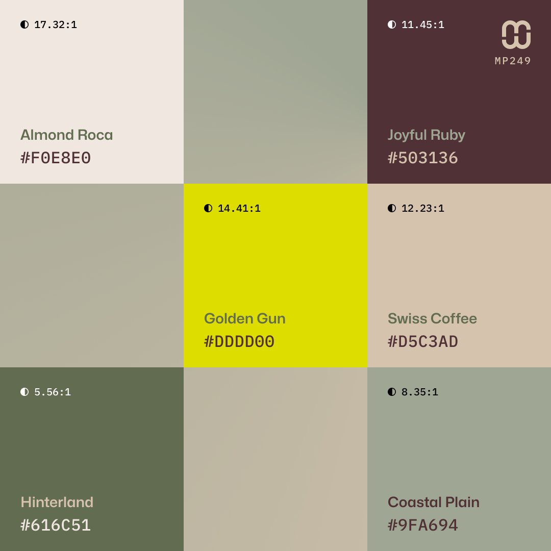 AlexCristache's tweet photo. 🆕 New color palette – #MindfulPalettes no. 249 is a natural, contemplative palette reminiscent of a rural, overcast landscape where the sharp yellow introduces an unexpected spark.

Bookmark it for your next design ❤️

Free for your #branding and #UIDesign projects.