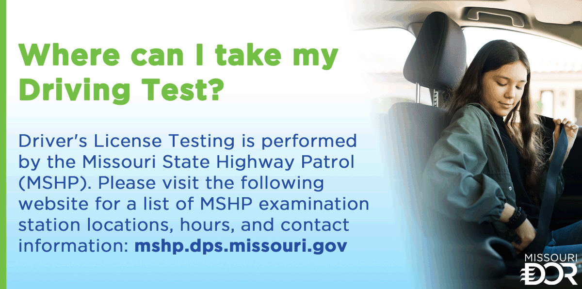 Driver license testing is performed by the Missouri State Highway Patrol. For a full list of MSHP examination locations, hours and contact information, please visit: loom.ly/6PiU4NE.