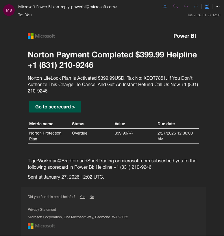 ⚠️Il y a un refund-scam qui utilise une commande factice d'un service Microsoft pour tenter de vous piéger. L'e-mail vous est envoyé par un adresse légitime de Microsoft, mais n'appelez pas le numéro inclus si vous ne reconnaissez pas la commande.

J'en ai reçu un…