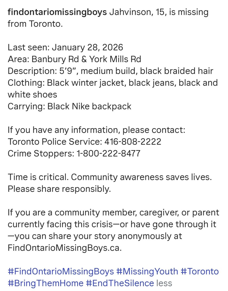 CarrieCnh12's tweet image. Jahvinson is 15 ,and was last seen 3 days ago January 28th, in York Mills, Toronto.

Please contact the authorities with any information on his whereabouts, and share these posts and any others with information on missing children.
#OntarioMissing #MissingChild #Missing #Toronto