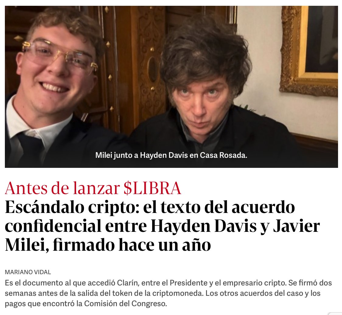 Milei llamó al proyecto LIBRA “un supuesto emprendimiento privado del que obviamente no tengo vinculación alguna" y llegó a decir que “no estaba interiorizado de los pormenores del proyecto”, pero tenía un CONTRATO firmado con Hayden Davis. Taiano está quedando en ridículo.