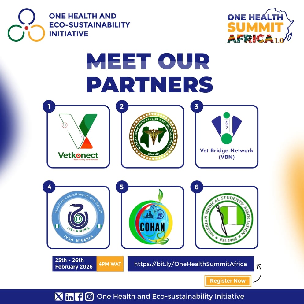 DAMRCNiMSA's tweet photo. One Health and Eco-Sustainability Initiative (OHESI) is proud to partner with *Vet Konect Ltd*, *Vet Bridge Network*, the *Cameroon One Health Access Network*, the *Nigeria Association of Veterinary Medical Students (NAVMS)*, https://t.co/R5Qo0zu1mG