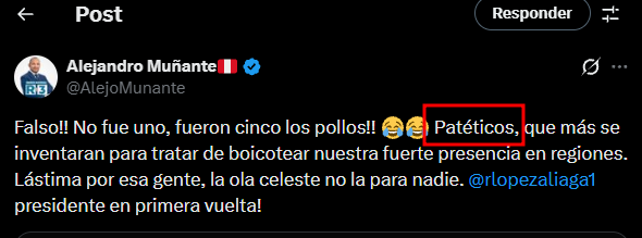 GarciaPeru's tweet photo. @AlejoMunante @rlopezaliaga1 Patéticos? Le damos lástima? Por favor congresista: En lugar de actuar con esa actitud arrogante, debería reconocer su retraso y la falla que hubo en las invitaciones a los medios de comunicación de Cajamarca a su conferencia de prensa. https://t.co/t7Tj2AZCYR