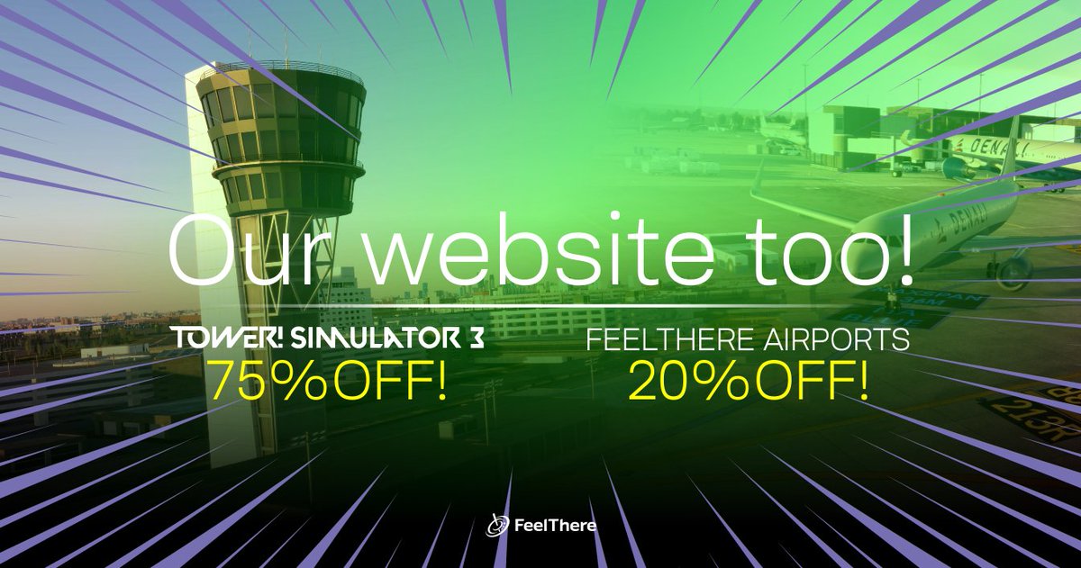 feelThere's tweet photo. Big discounts also on our website 😎

- Tower! Simulator 3 👉 75% OFF‼
- Feelthere Airports 👉 20% OFF‼

Limited time ⏰ Don’t miss your slot!

Get it 👉 https://t.co/4DOvywBZ7x

#Tower #ATC #AirTrafficController #ATCSimulation #AirTrafficControl #ATCCommunity #VirtualATC https://t.co/c0qZpREDVc