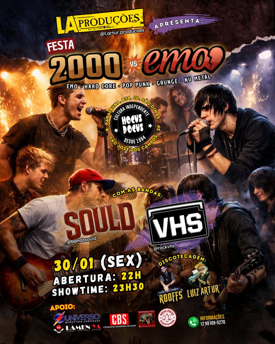 É HOJE!
2000s VS EMO
A partir das 22h no Hocus Pocus 
Ingressos com desconto aqui:
lets.events/e/festa-2000-v…

#VemProHocus