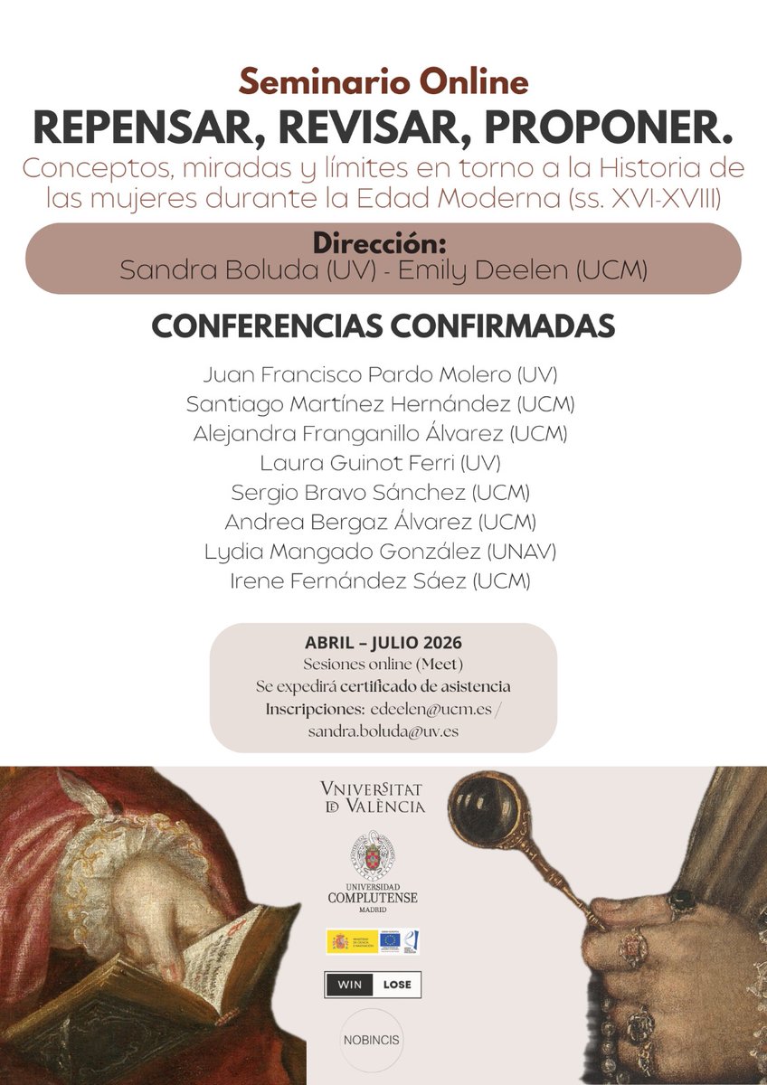 🔔📢Apuntad✍️
Los meses de abril a julio 🗓️ se celebrará online💻 el seminario "Repensar, Revisar, Proponer" 🧐organizado por nuestra compañera Sandra Boluda (<a href="/Res_historica/">Reshistorica</a>) y Emily Deelen (<a href="/atropneleed/">Emily Deelen Porta</a>)
Entre los participantes estará nuestro IP Juan Francisco Pardo (<a href="/jfpardo68/">Juan Francisco Pardo</a>)
