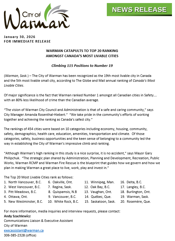 CityofWarman's tweet photo. Attached is a News Release from the City of Warman regarding the City’s meteoric rise to Top 20 ranking in The Globe and Mail’s “Canada’s Most Livable Cities” study.

#Warman #Saskatchewan #Canada #Sask #SK #callithome #safety https://t.co/fmvLFNXdej
