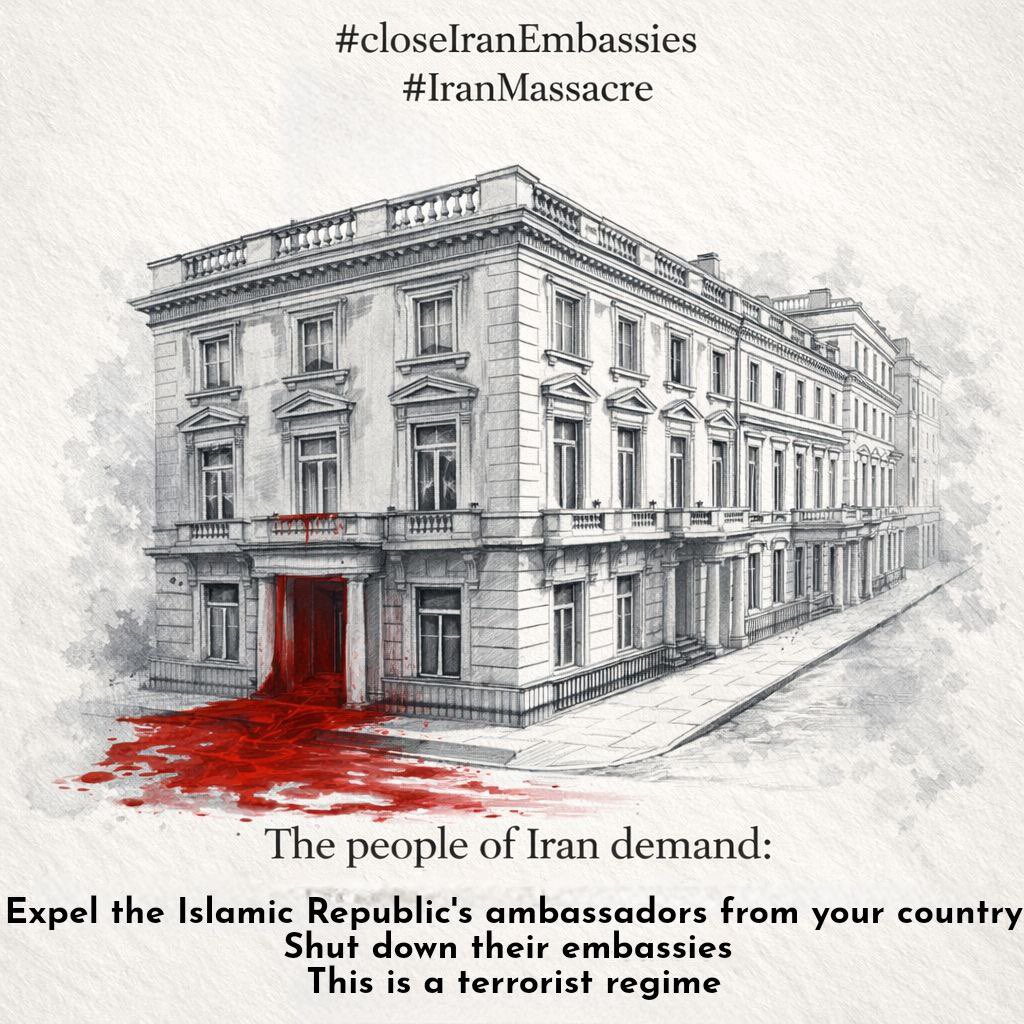 سفیران جمهوری اسلامی را از کشورتان اخراج کنید. سفارتخانه‌هایشان را تعطیل کنید!
#closeIranEmbassies
#IranMassacre‌
<a href="/EvikaSilina/">Evika Siliņa 🇱🇻🇺🇦</a>
<a href="/_FriedrichMerz/">Friedrich Merz</a>