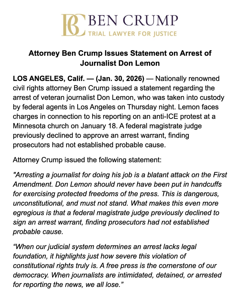 AttorneyCrump's tweet image. Don Lemon should NEVER have been put in handcuffs for exercising protected freedoms of the press! When journalists are intimidated, detained, or arrested for reporting the news, we all lose.