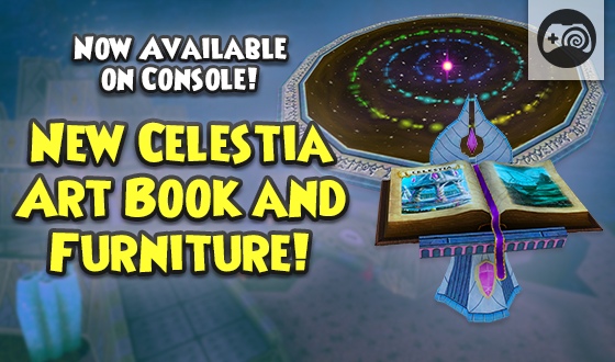 Wizard101's tweet image. Astronomical art inbound! 🌟

The new Celestia Art Book and Celestia Furniture Sets are now available in the Console Crown Shop! The Celestia Art Book showcases original concept art and designs of Celestia and the Celestia Furniture Sets include Celestia-themed housing items.…