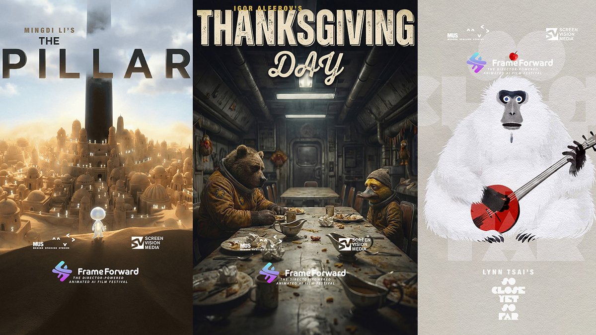 ANIMATIONWorld's tweet photo. #FrameForward Animated AI Film Festival Names 3 Finalists: ‘The Pillar,’ ‘Thanksgiving Day,’ and ‘So Close Yet So Far’ will receive exclusive prize packages; winner gets national theatrical release; Google’s Neil Parris joins jury. https://t.co/CdrvSofOWL #AIAnimation #Animation #AnimationWorld