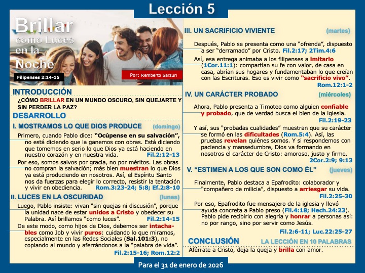 🔥 ¿Cómo brillar en un mundo oscuro, sin quejarte y sin perder la paz?
✅¡Repasemos la #LESAdv 5!  
✅#PrimeroDios 
✅Compártelo!!!!