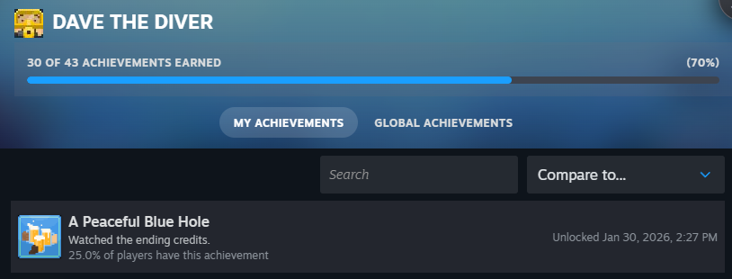 PulsarCologne's tweet photo. Finished Dave the Diver. Really fun game! I'd give it an 8/10. 😇. Probably will not be checking out the big Jungle DLC, game was starting to overstay its welcome for me towards the end hence me not playing any of the epilogue. Up to the credits though I would highly recommend! https://t.co/veOrOH8daA