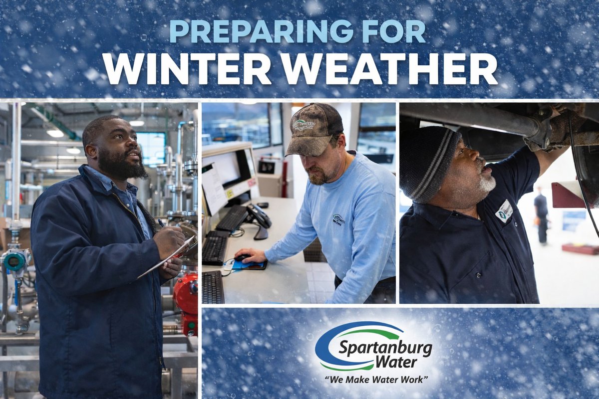 ❄️ Winter weather is on the way again, and our teams are ready.
Spartanburg Water has planned, trained, and prepared for severe winter conditions to ensure your drinking water and wastewater services remain safe and reliable—no matter the forecast.
Our crews will be monitoring