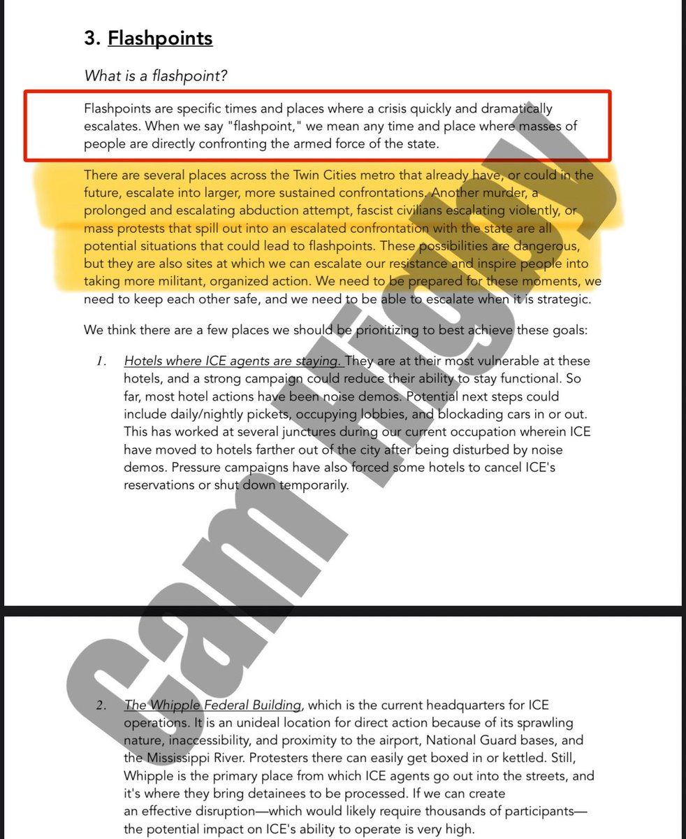 camhigby's tweet image. 🚨💬 INSURRECTIONISTS ADMIT TO EVERYTHING: 

They want their people to die to create propaganda. 

In this document distributed on Signal, Minnesota activists lay out that their goal is to impede ICE and CREATE “flashpoints”

They describe “flashpoints” as moments of chaos where…