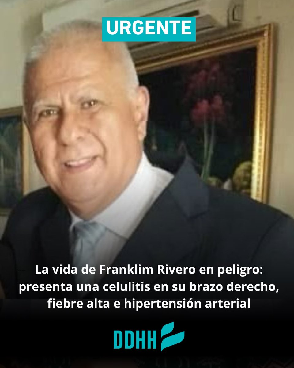 Libertasvzla's tweet photo. #ATENCIÓN | Franklin Rivero es un luchador valiente. Hoy, con 64 años, es preso político y permanece recluido en Yare II en grave estado de salud.
Presenta una infección severa, fiebre alta e hipertensión. Su vida está en riesgo. https://t.co/K7pcsysUyj