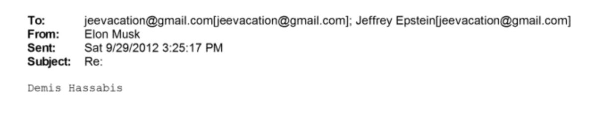 Yo <a href="/demishassabis/">Demis Hassabis</a>, any idea why <a href="/elonmusk/">Elon Musk</a> would email your name to Jeffrey Epstein?