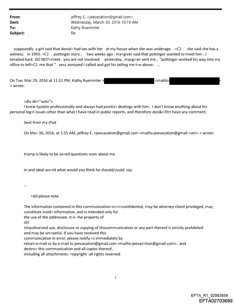 Direct from the Epstein email archives. 

Jeffrey Epstein: "trump is likely to be [asked] questions soon about me…supposedly a girl said that donal= had sex with her at my house when she was underage."