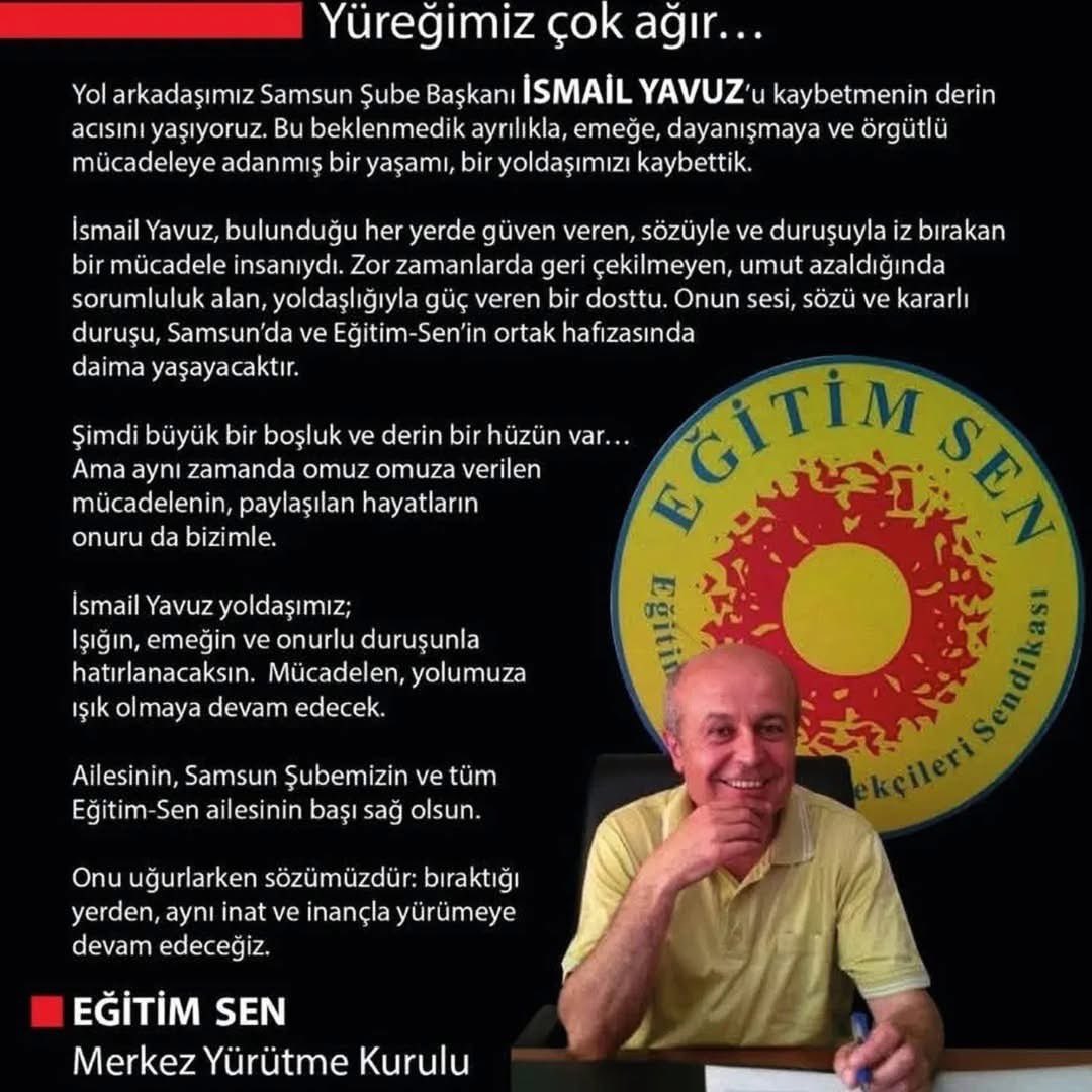 CepniMuratt's tweet photo. Acımız büyük! 

Eğitim Sen Samsun Şube Başkanı, Sol Parti’li, bir ömür emek ve demokrasi mücadelesi emekçisi İsmail Yavuz hocamızı kaybettik. 

Aşk olsun sana hocam.

Eğitim camiası, ailesi, yoldaşları ve halkımızın başı sağ olsun. 

Devri daim olsun. https://t.co/q0f2XLfHYL