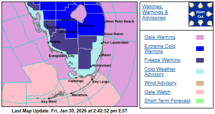 NWSMiami's tweet photo. 1/30 3PM: Alright South Florida! We've been messaging the threat of dangerous cold, dangerous marine, and widespread gusty conditions.  

We are now roughly *24 hours* away from the beginning of deteriorating conditions. 

Let's discuss each threat one by one in this thread (1/#) https://t.co/4cqRV9oTCk