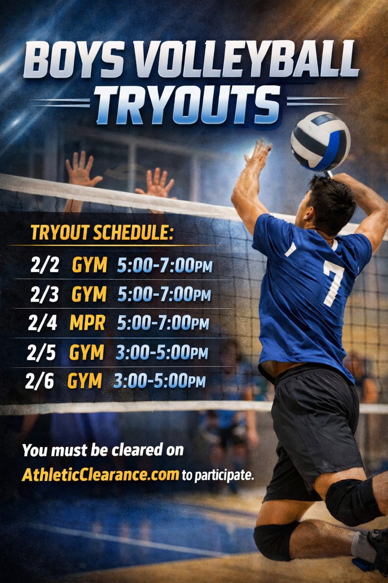 🏐 Boys Volleyball Tryouts 🏐

Tryouts are coming up next week! Be sure to check the dates, times, and locations listed.

⚠️ Athletes must be cleared on AthleticClearance.com to participate.

Come ready to compete. 💪
#SilverhawkVolleyball #LHHS #Tryouts #BuiltDifferent