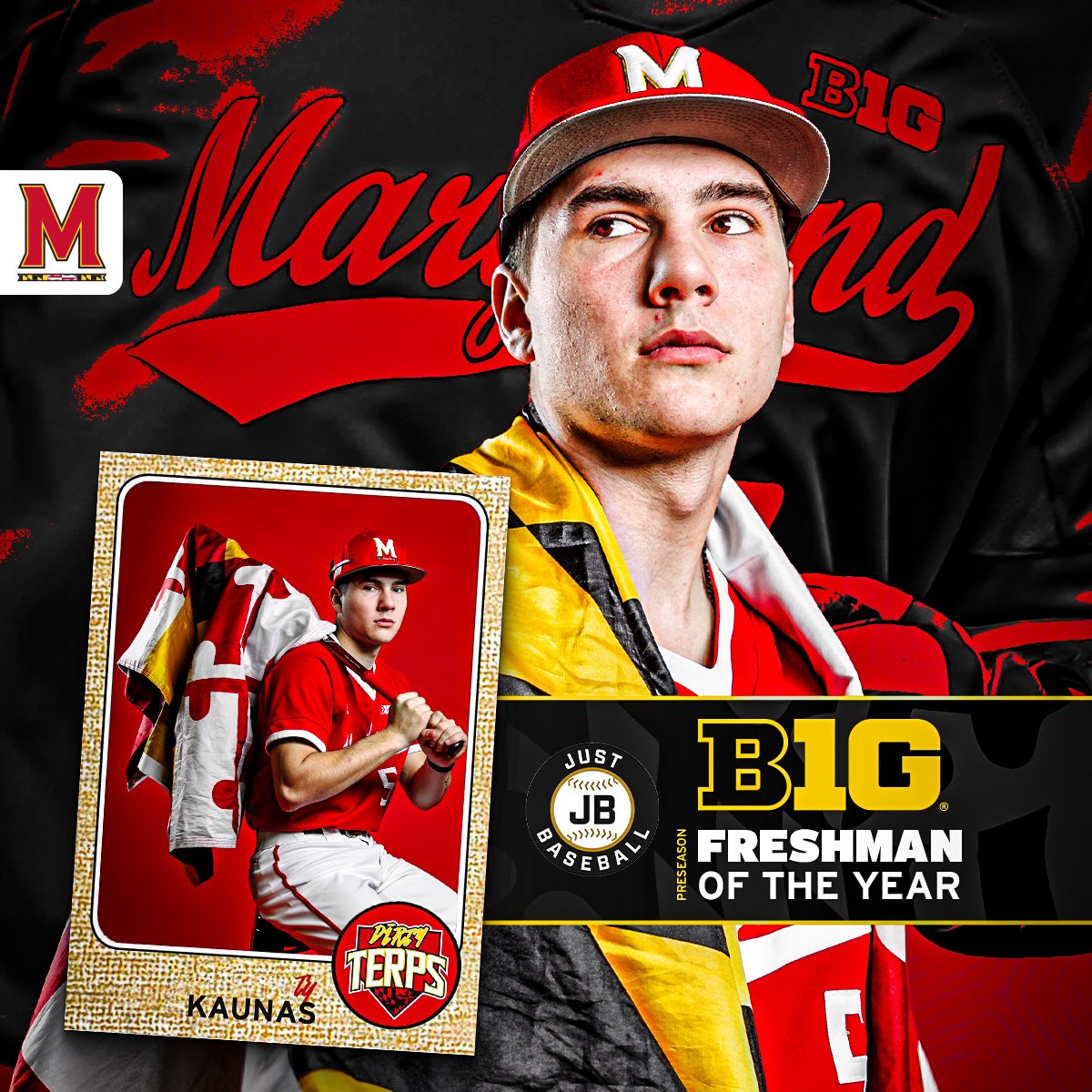 Congrats to <a href="/KaunasTy/">Ty Kaunas</a> on being named the Just Baseball Big Ten Preseason Freshman of the Year! 🐢

📰 go.umd.edu/26mr

#DirtyTerps