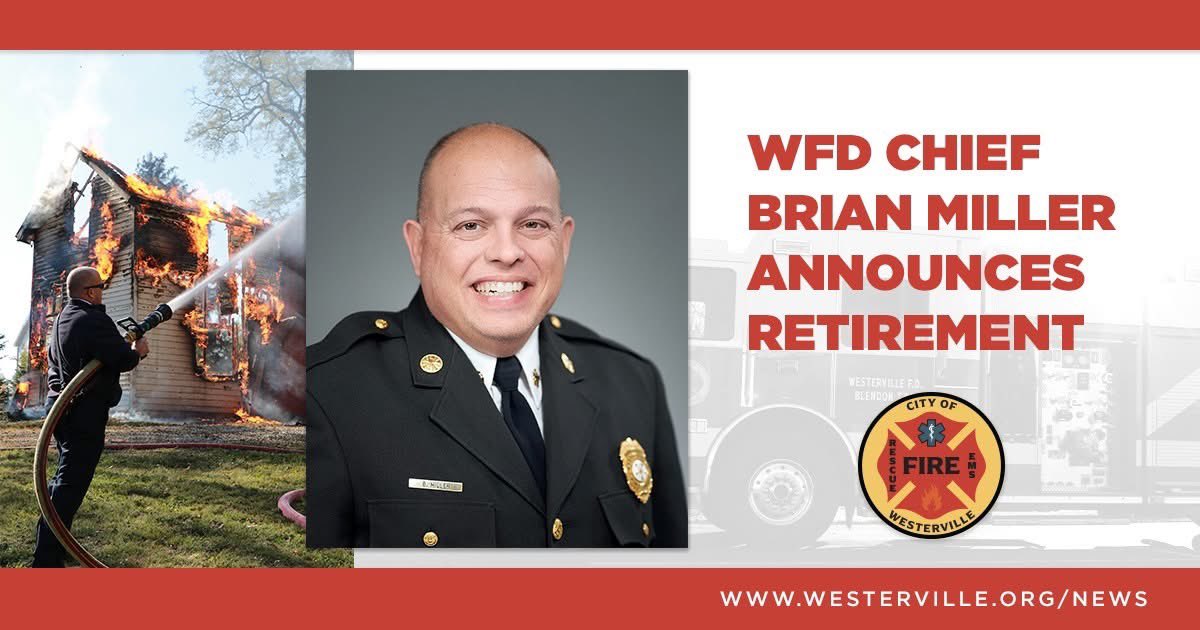 tellwesterville's tweet photo. After 26 years of dedicated service, @WestervilleFire Chief Brian C. Miller has announced his retirement effective 4/2/2026. We thank him for his 11 years of leadership as Chief and lifelong commitment to the safety of Westerville and Blendon Township.
https://t.co/07akRydIoS https://t.co/KZZyNHK4qn