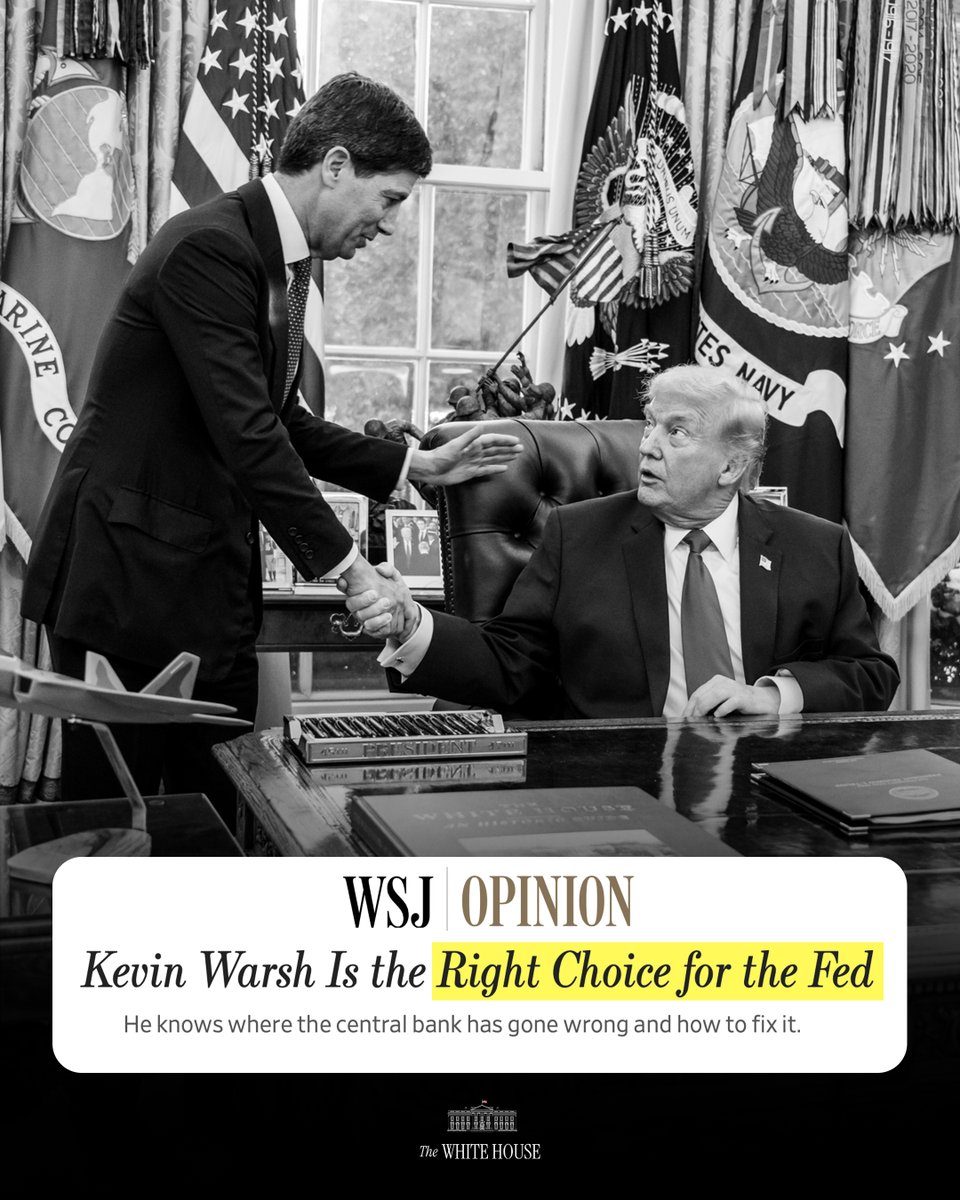 WhiteHouse's tweet image. KEVIN WARSH IS THE RIGHT CHOICE FOR THE FED. 🇺🇸