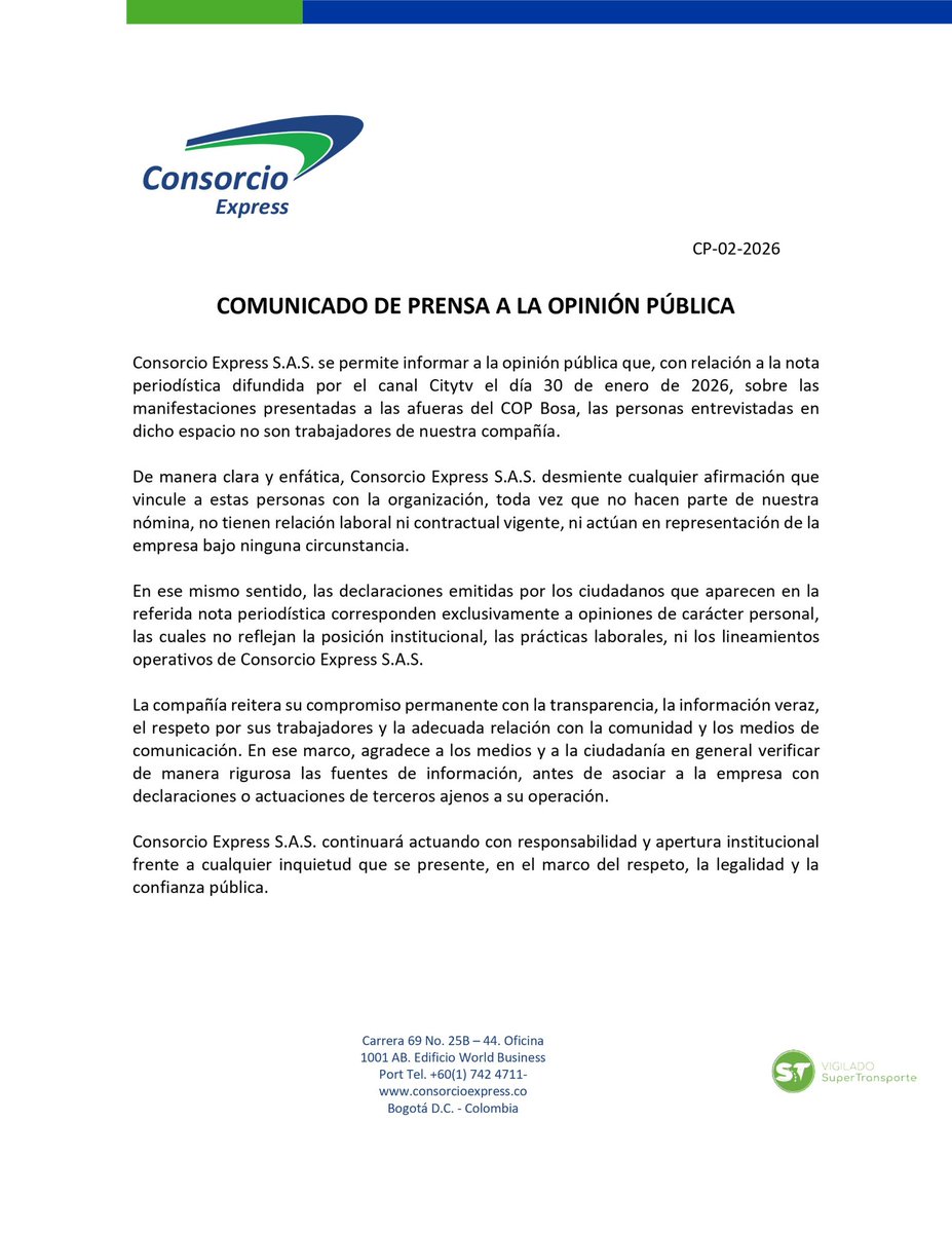 #ATENCIÓN 📢 Consorcio Express S.A.S se permite informar a la opinión pública lo siguiente:

#movilidad #Bogotá #HOY #bosa  #transporte #SITP #bogota <a href="/Citytv/">Canal Citytv</a>