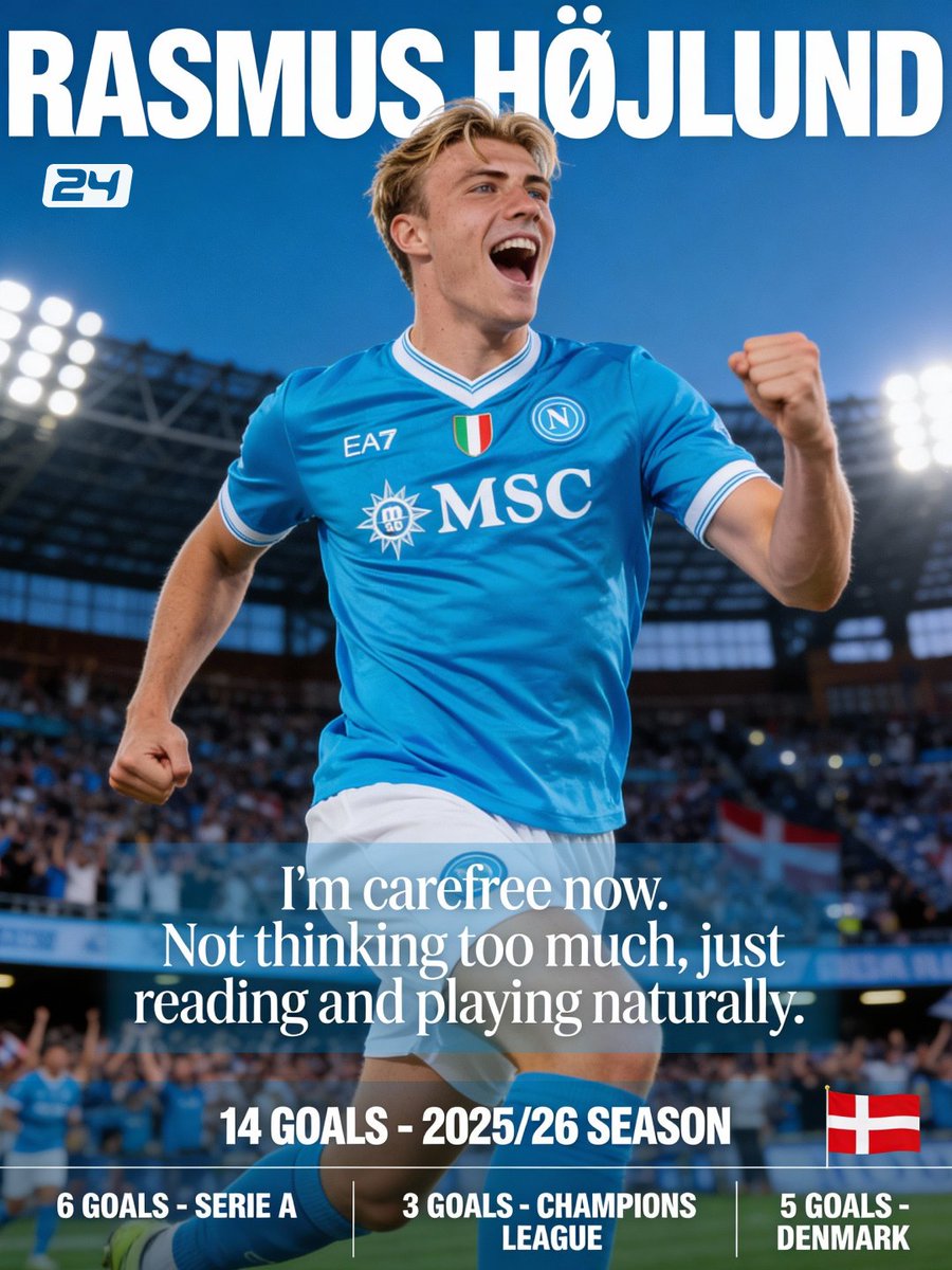 Futbol24com's tweet image. 22 years old, on loan at Napoli from Man United
2025-26 Season: 14 GOALS!

£64M transfer from Atalanta (2023)
Youngest PL player to score in 6 consecutive games
9 Champions League goals before age 22
Denmark international (32 caps, 15 goals)

#Hojlund #Napoli #SerieA #Denmark