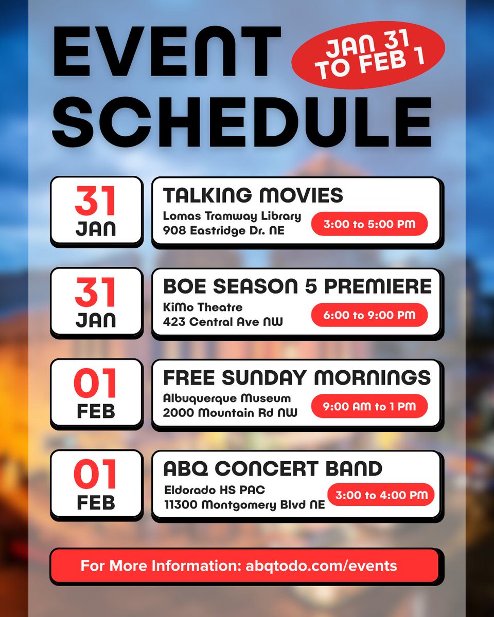 ABQtodo's tweet photo. Budget-friendly events happening in ABQ this week!
๐ฅ Talking Movies at Lomas Tramway Library, 3 to 5 PM
๐ฌ BOE Season 5 Premiere at KiMo Theatre, 6 to 9 PM
๐ผ๏ธ Free Sunday Mornings at ABQ Museum, 9 AM - 1 PM
๐ต ABQ Concert Band at Eldorado HS PAC, 3 to 4 PM
#ABQToDo https://t.co/hHPmgBW3X8