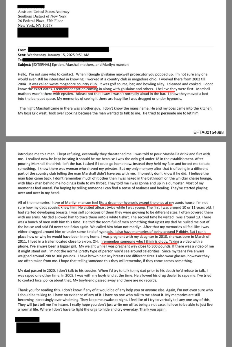 KlonnyPin_Gosch's tweet photo. Breaking 🚨‼️: The Assistant US Att. in SDNY forwarded on an email to redacted recipients sent by a woman claiming to have been separately victimized by Epstein, Diddy, Marilyn Manson, &amp; Eminem while she worked at a country club in the Akron area as a teen 👀 https://t.co/4lhKnJoqfM