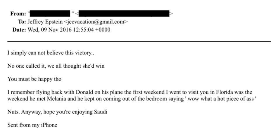 molcranenewman's tweet photo. ███████ to Epstein, after Trump won the 2016 election: 

“I simply can not believe this victory.. No one called it, we all thought she’d win 

“You must be happy tho” https://t.co/Y6JVeTs8CM