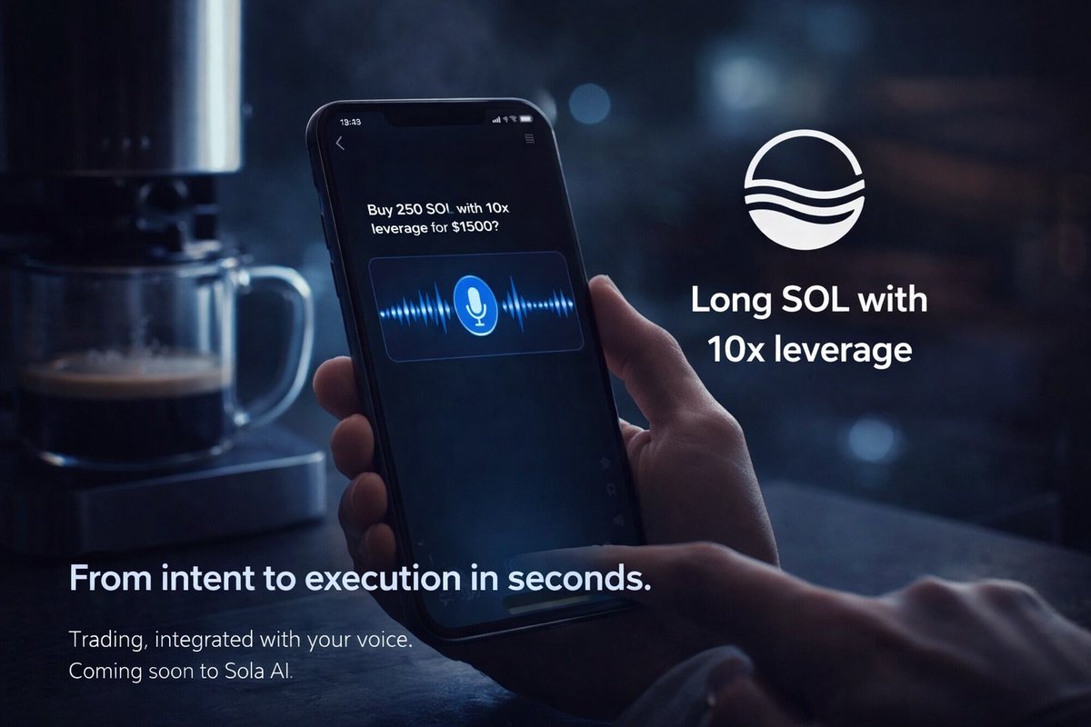 TheSolaAI's tweet photo. POV: You just longed SOL with 10x leverage using only your voice
No charts open. No tabs flying everywhere.
Just a quick command while your coffee finishes brewing ☕️😎

Trading, reduced to intent.
Execution, handled instantly.

That’s perps trading coming to Sola AI.

From intent to execution in seconds.
No friction. No overthinking.

Stay tuned. 👀
